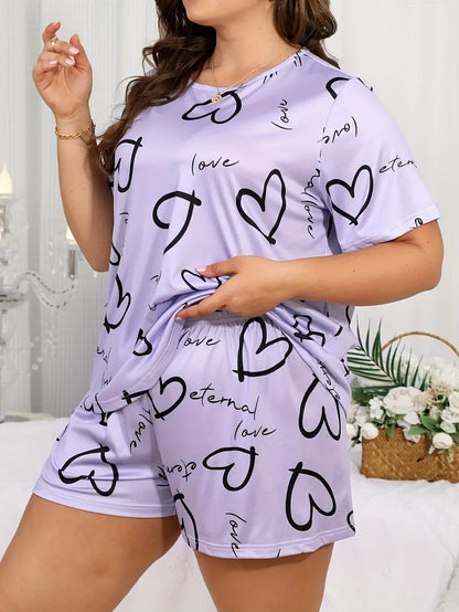 Plus Size Women's Valentine's Day Casual Pajama Set with Heart & Letter Print, Short Sleeve Round Neck Top & Shorts Sleepwear Two-Piece Set