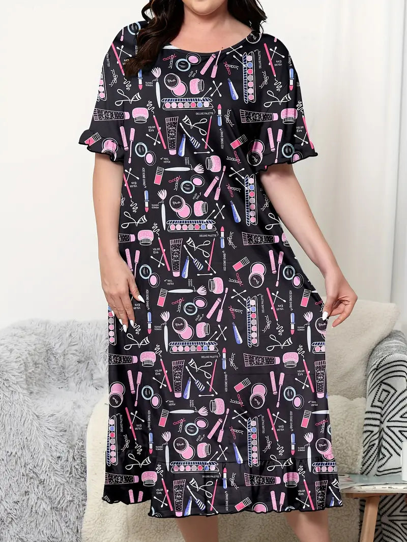 Women's Casual Nightdress, Plus Size Cosmetic Print Short Sleeve Round Neck Sleep Dress